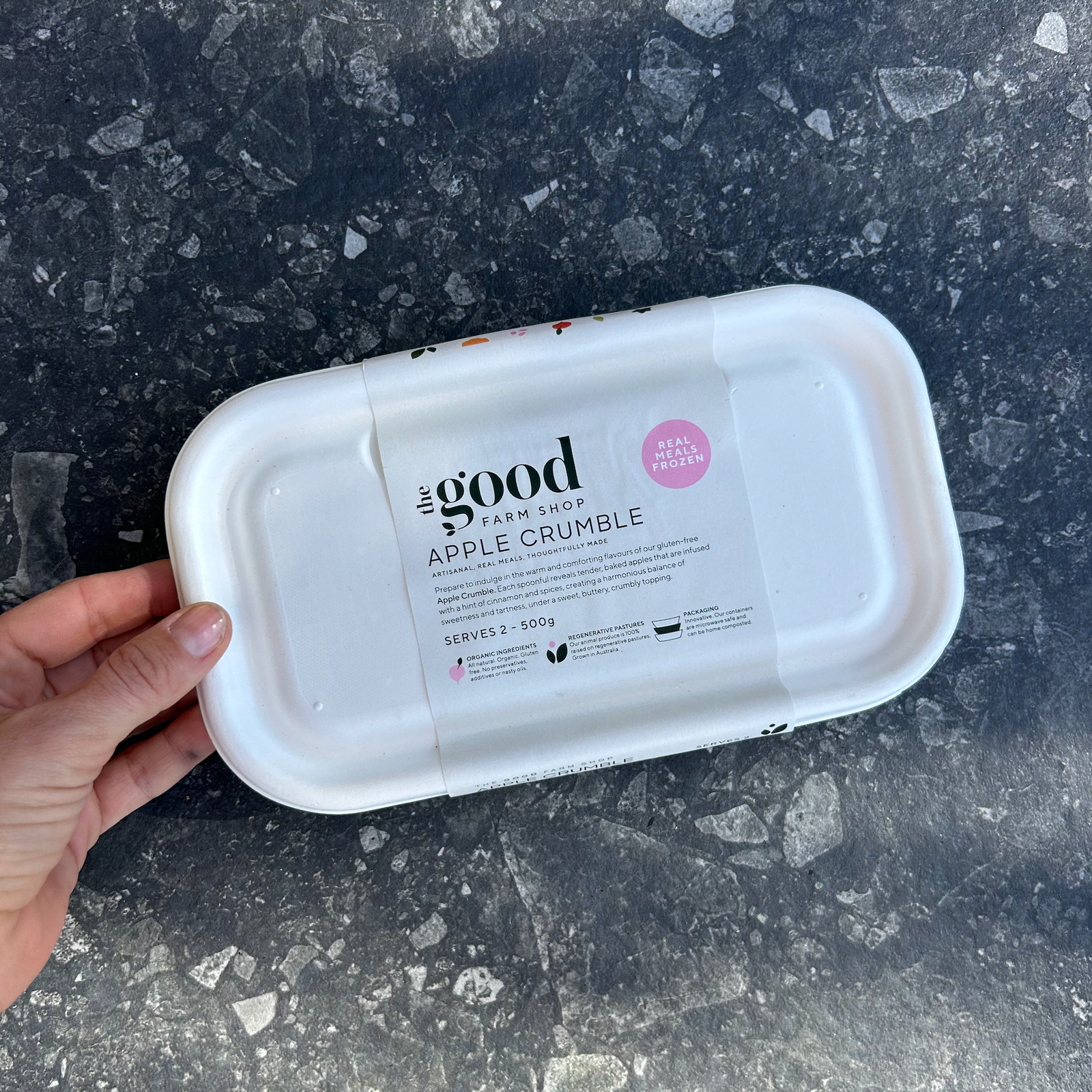 Apple Crumble frozen meal by The Good Farm Shop in eco-friendly tray