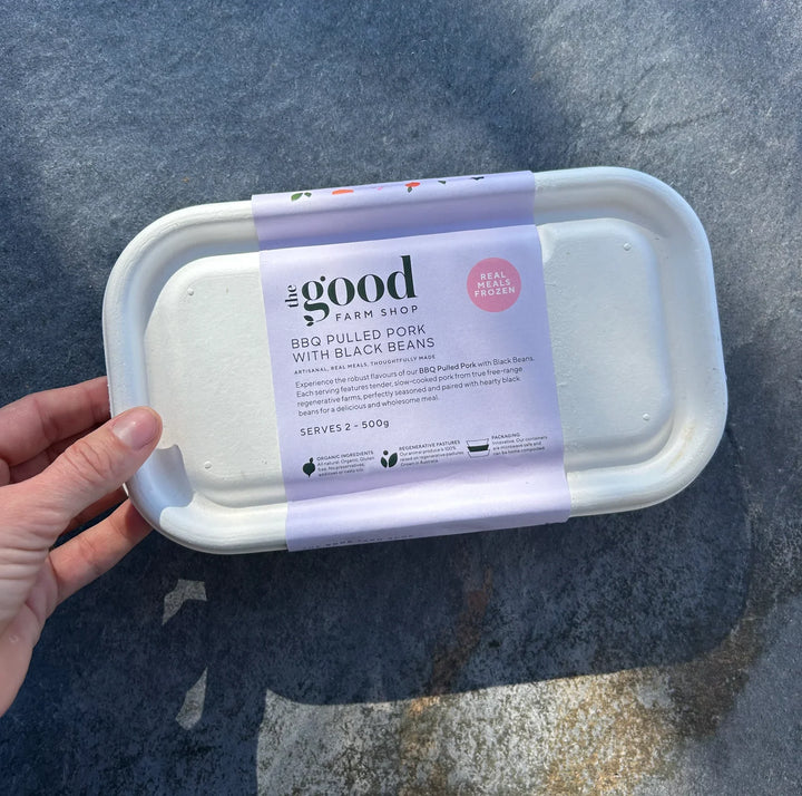 The Good Farm Shop BBQ Pulled Pork with Black Beans frozen meal in compostable tray
