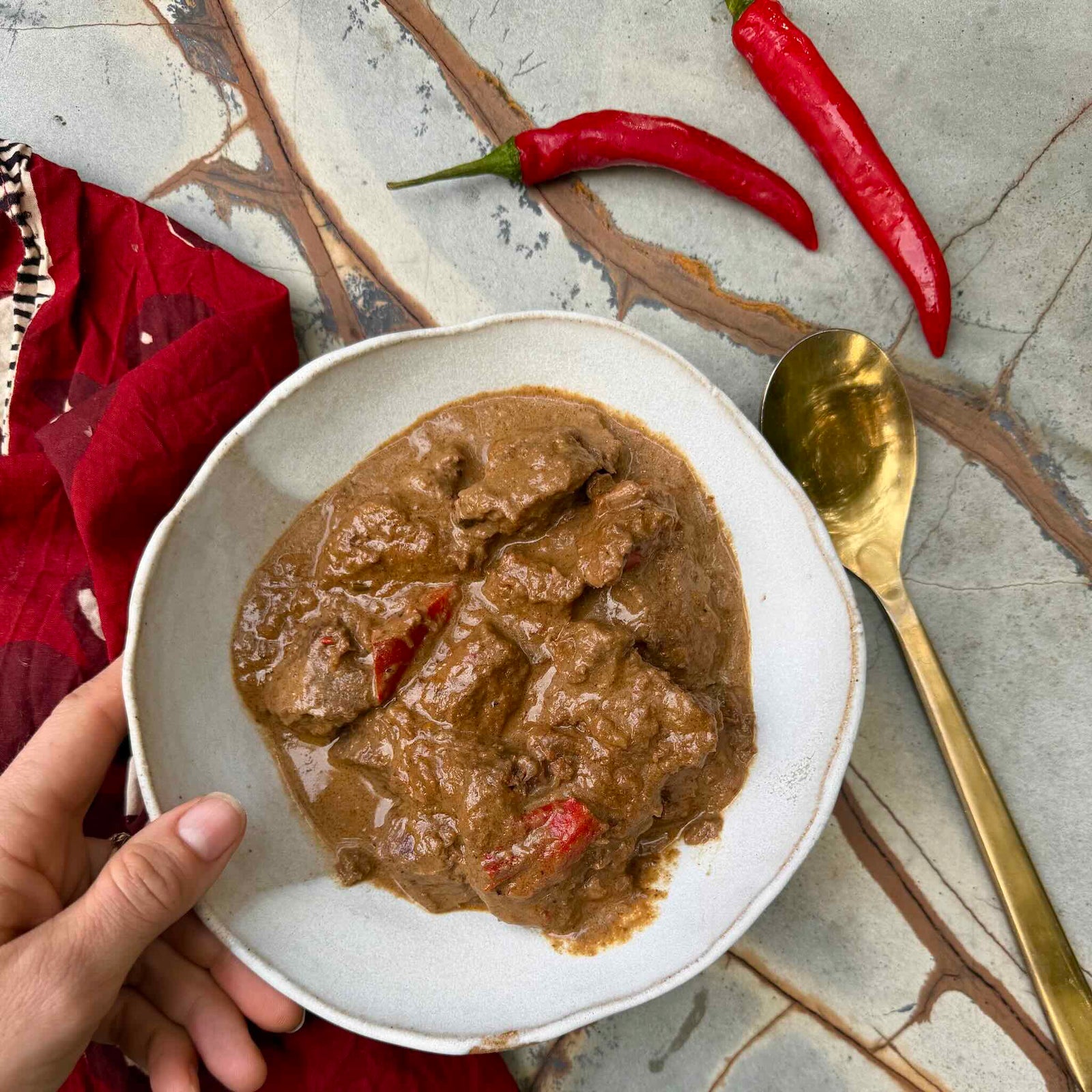 A hand holds a white ceramic bowl filled with a thick brown curry sauce containing chunks of meat and red chili peppers, set on a stone surface with a gold spoon and two whole red chilies.