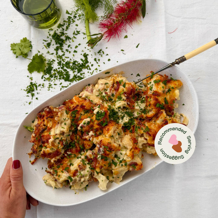 Christmas - Cauliflower Cheese with Crispy Pasture-Raised Bacon (serves 8)