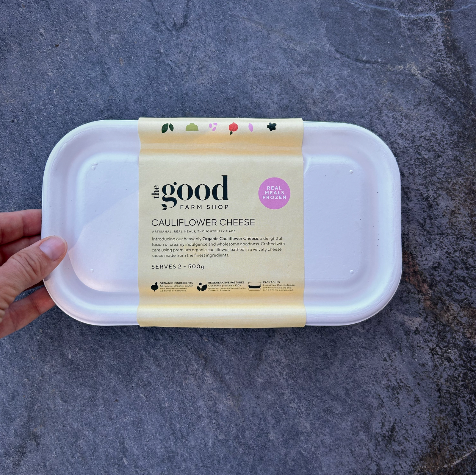 Cauliflower frozen meal by The Good Farm Shop in eco-friendly tray