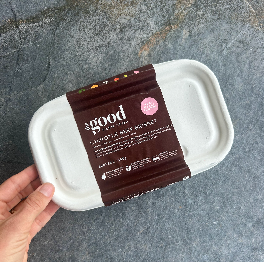 The Good Farm Shop chipotle beef brisket frozen meal, serves two, compostable packaging