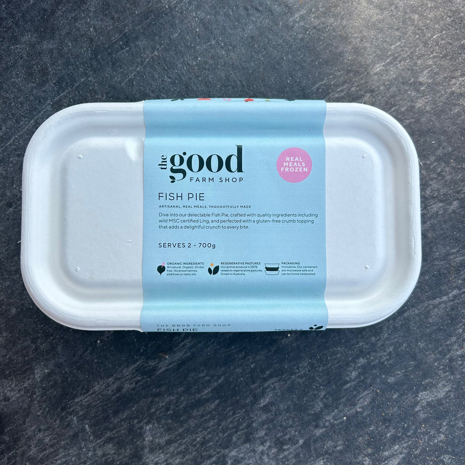 Fish pie frozen meal by The Good Farm Shop in eco-friendly tray