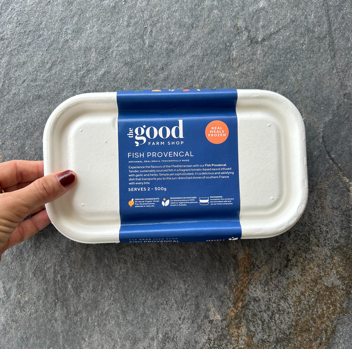 Fish Provencal frozen meal by The Good Farm Shop in eco-friendly tray
