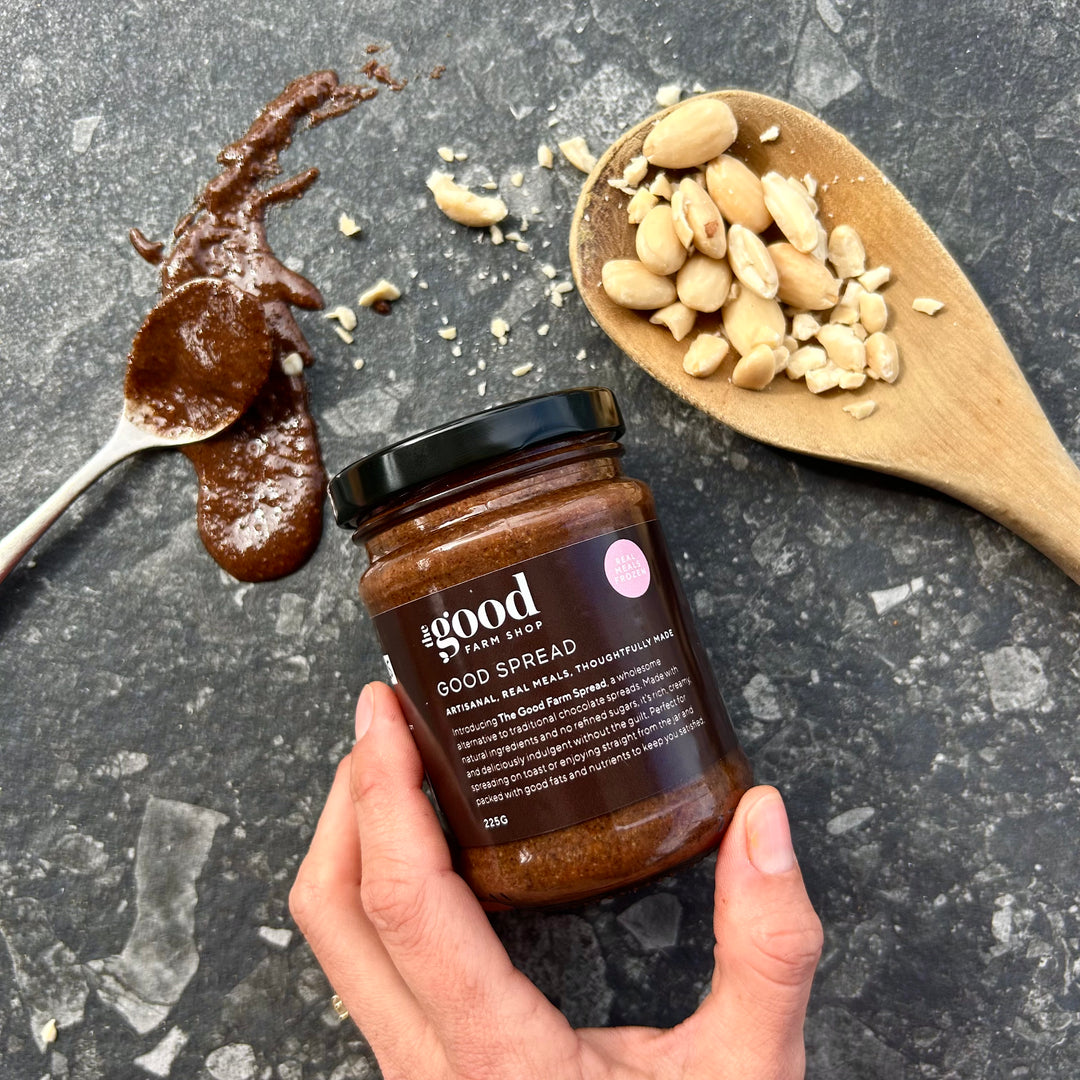 Chocolate cashew spread by The Good Farm Shop with whole cashews and rich cocoa texture