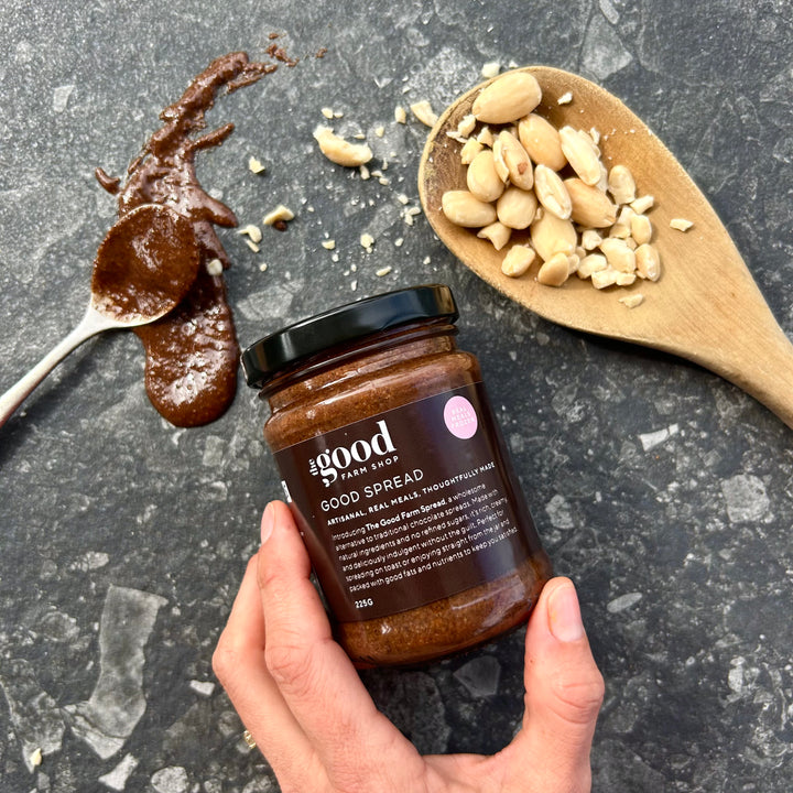 Chocolate cashew spread by The Good Farm Shop with whole cashews and rich cocoa texture