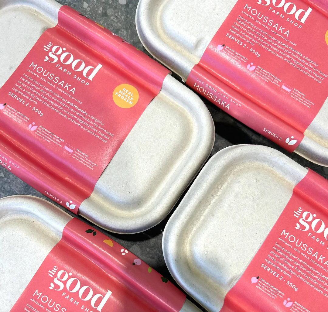Moussaka frozen meal by The Good Farm Shop in eco-friendly tray