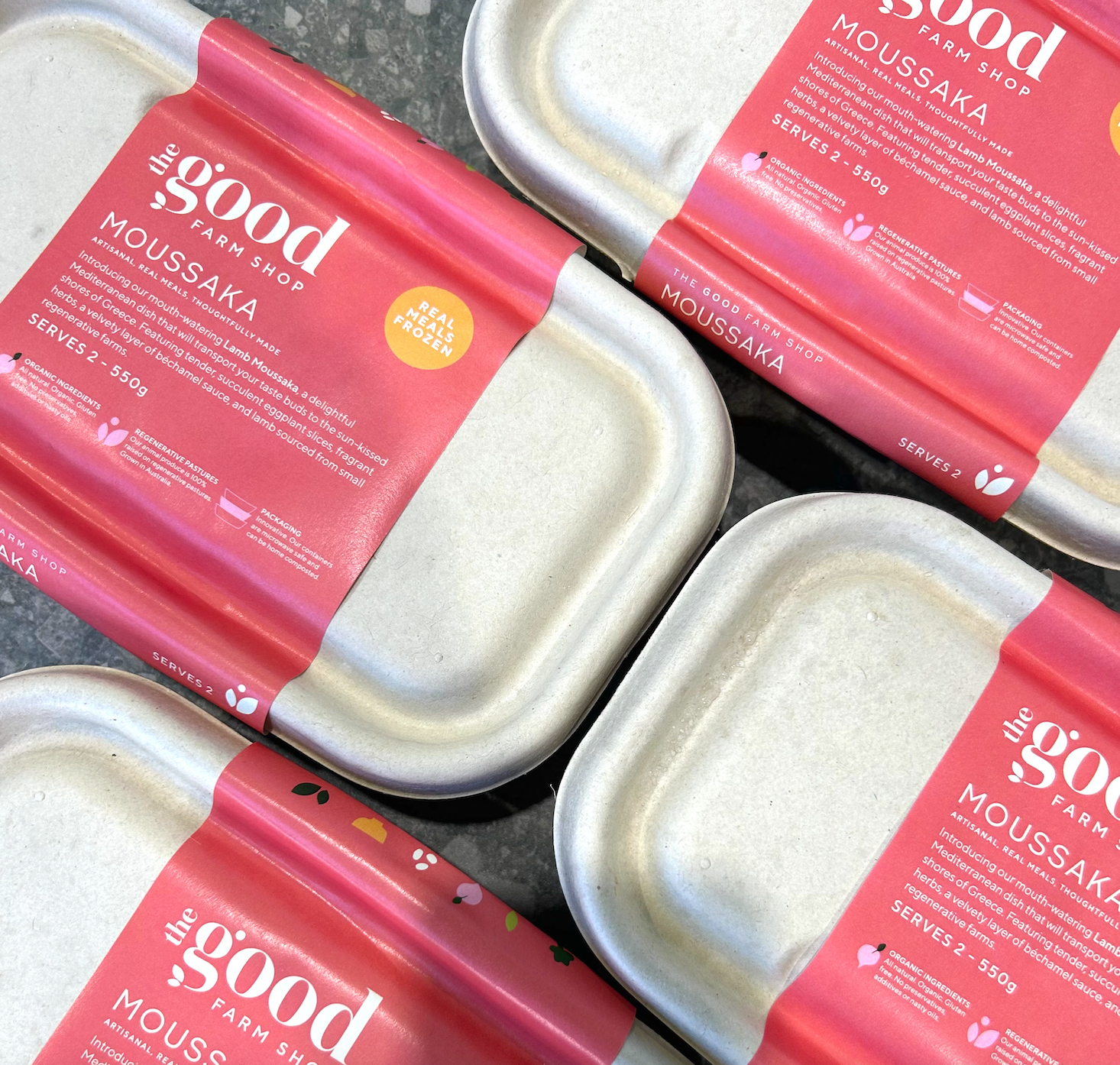 Moussaka frozen meal by The Good Farm Shop in eco-friendly tray