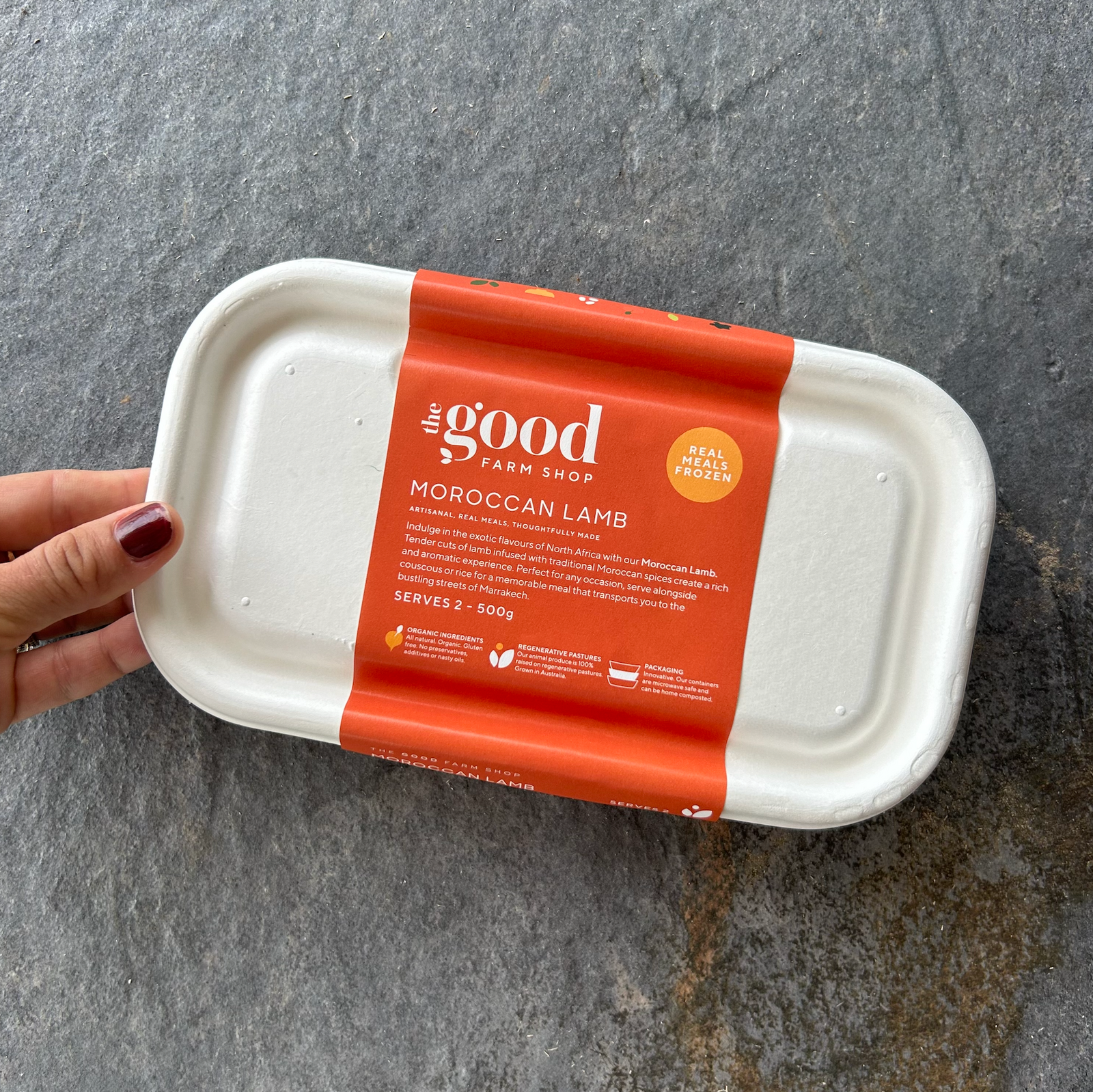 Moroccan lamb frozen meal by The Good Farm Shop in eco-friendly tray