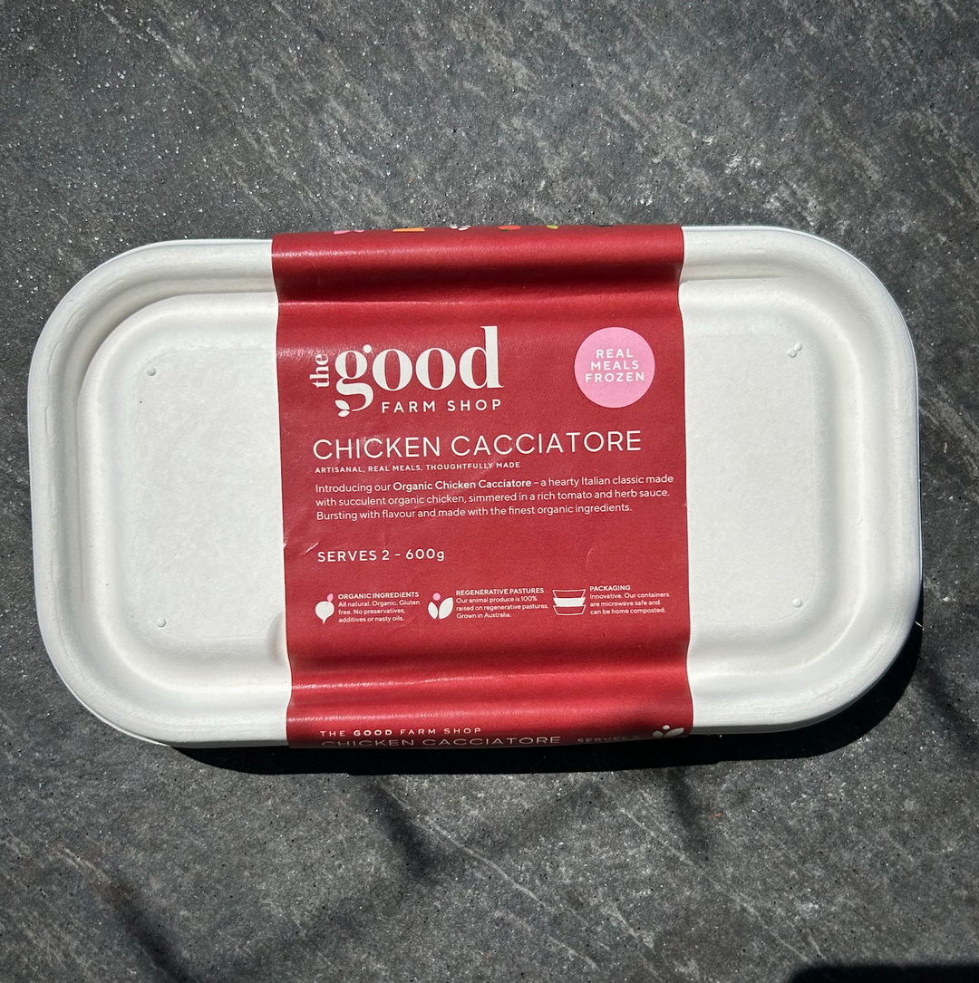 Chicken Cacciatore frozen meal by The Good Farm Shop in eco-friendly tray