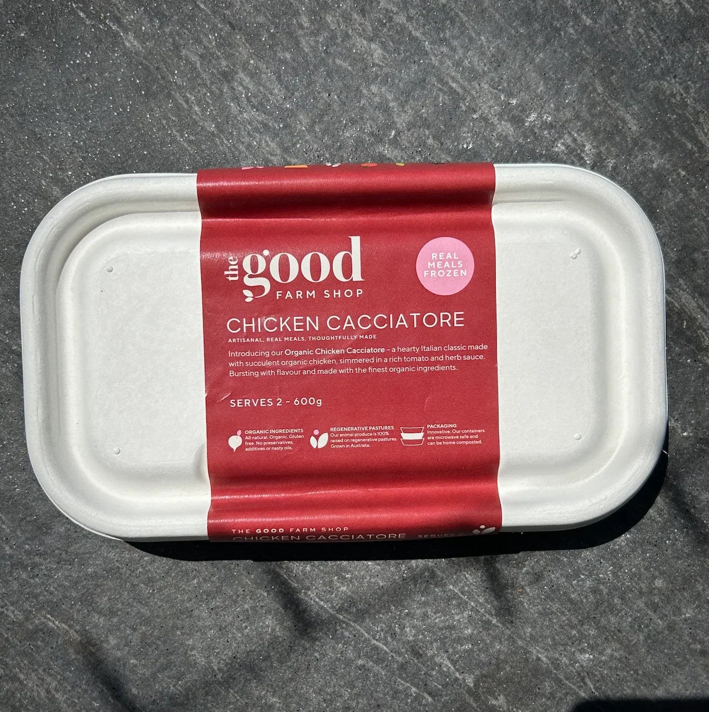 Chicken Cacciatore frozen meal by The Good Farm Shop in eco-friendly tray