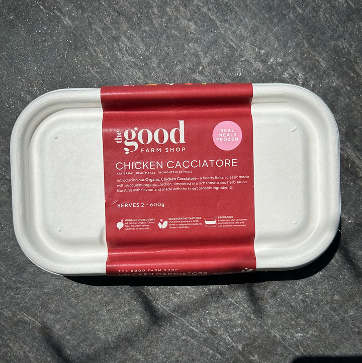 Chicken Cacciatore frozen meal by The Good Farm Shop in eco-friendly tray