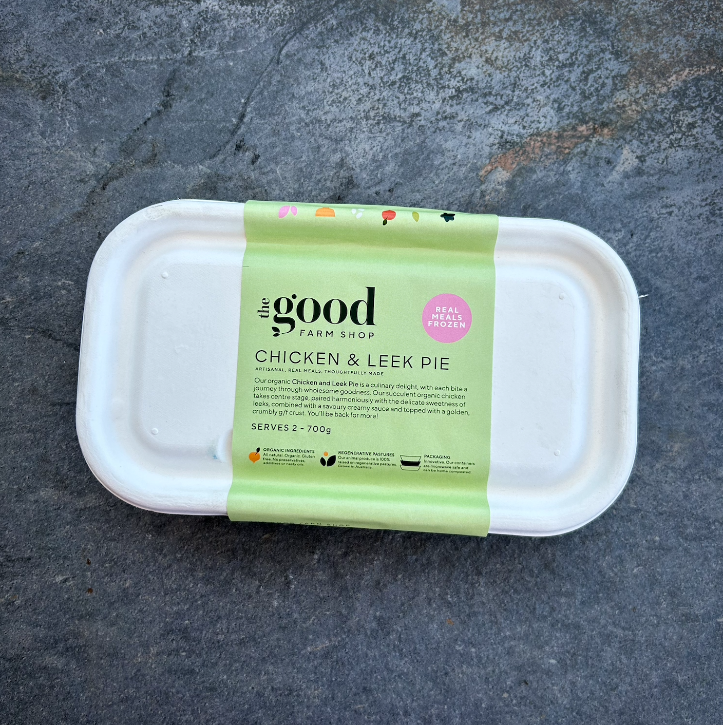 Chicken and leek pie frozen meal by The Good Farm Shop in eco-friendly tray