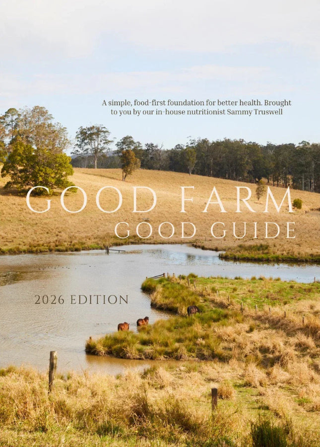 Book cover of 'Good Farm Good Guide 2026 Edition' with a scenic farm landscape.