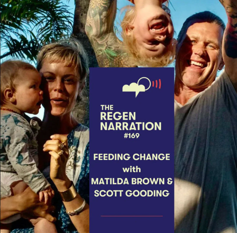 Promotional graphic for 'The Regen Narration' episode featuring a woman holding a baby and two men with text overlay.