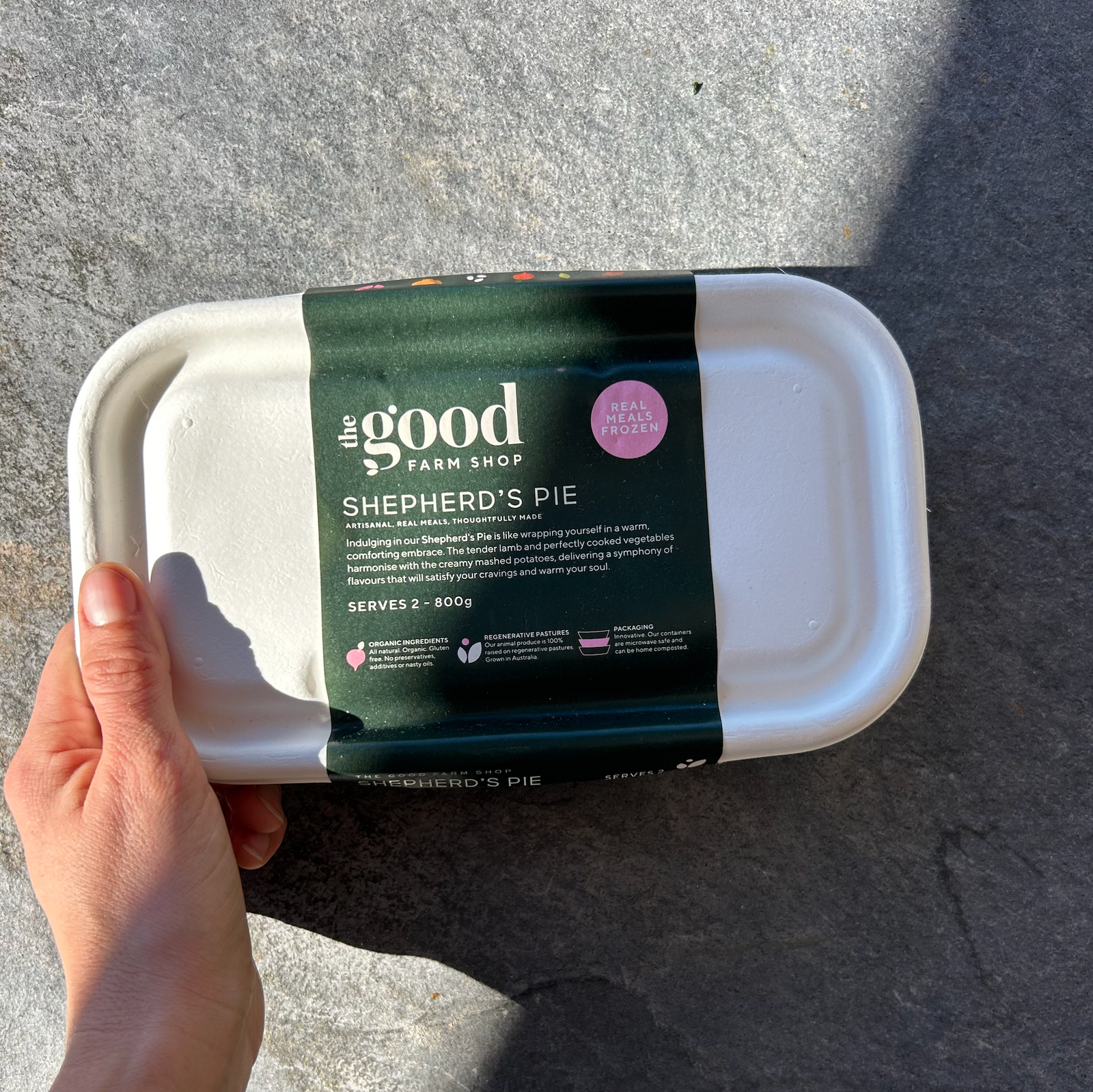 Shepherd's Pie frozen meal by The Good Farm Shop in eco-friendly tray