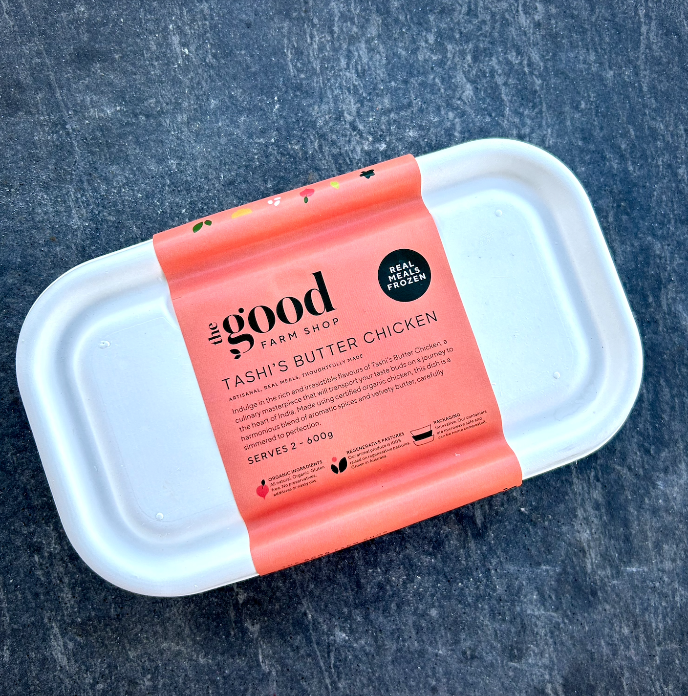 Tashi's Butter Chicken frozen meal by The Good Farm Shop in eco-friendly tray