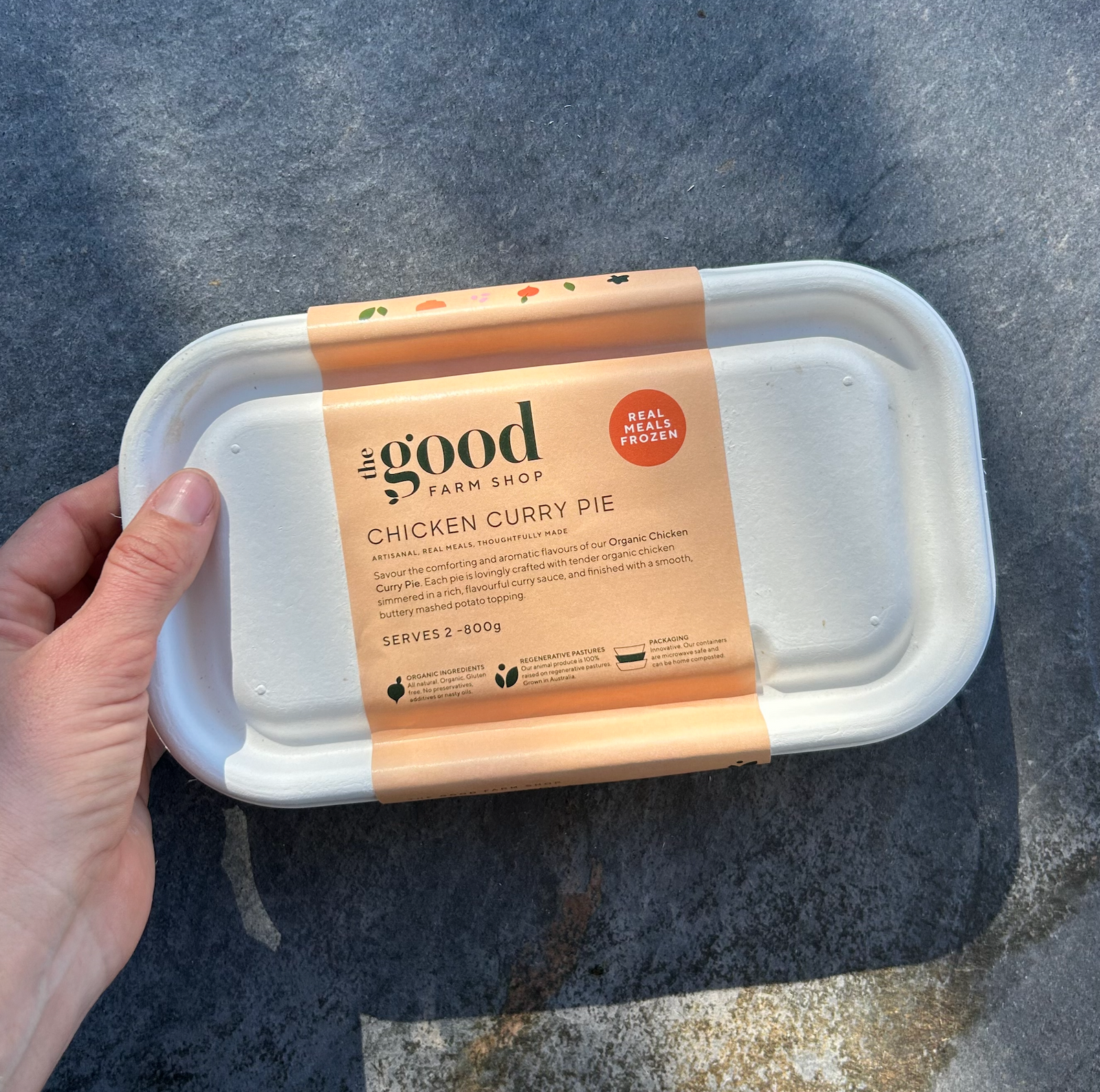 The Good Farm Shop Chicken Curry Pie frozen meal in compostable tray