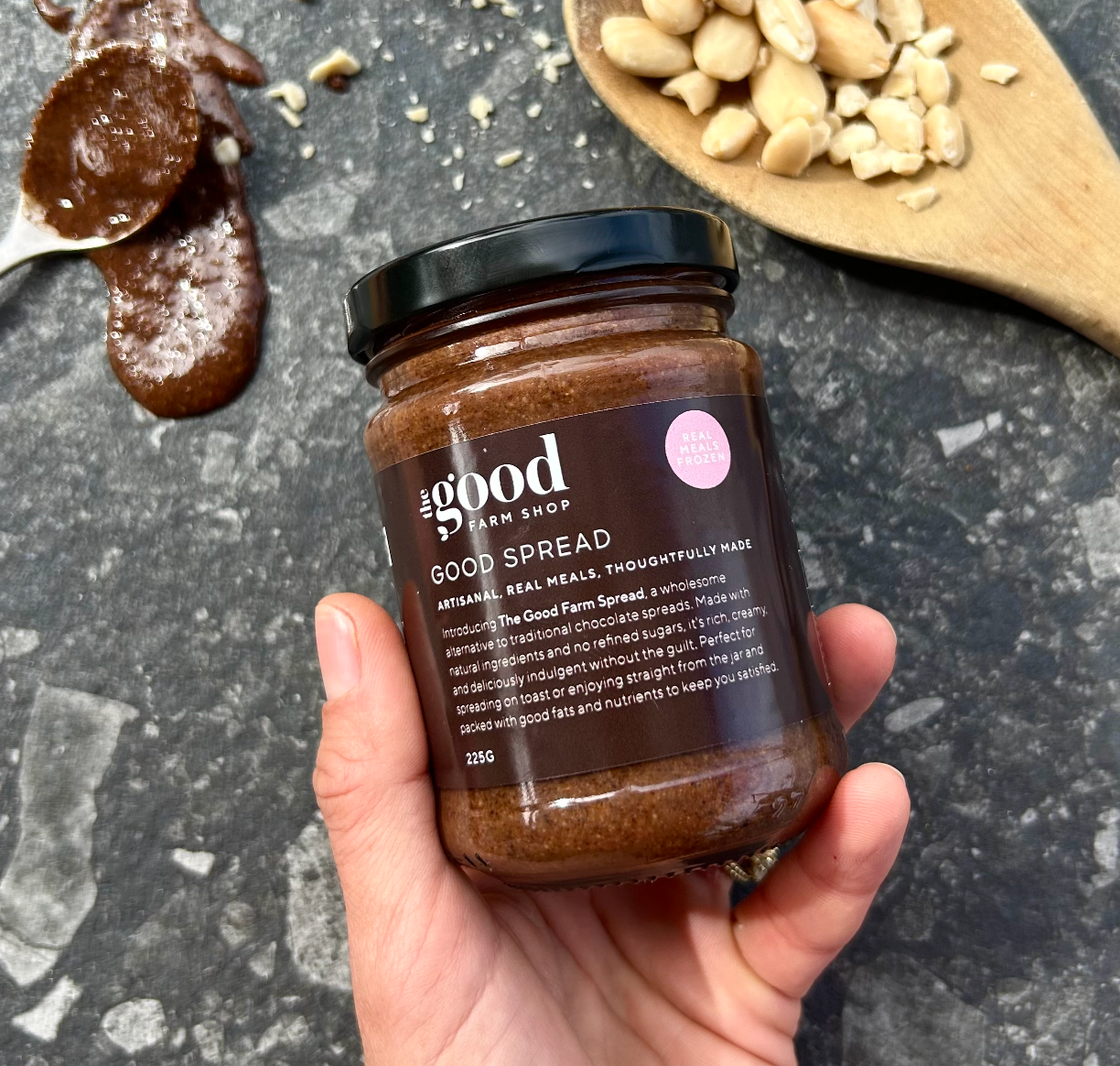Chocolate cashew spread by The Good Farm Shop with whole cashews and rich cocoa texture