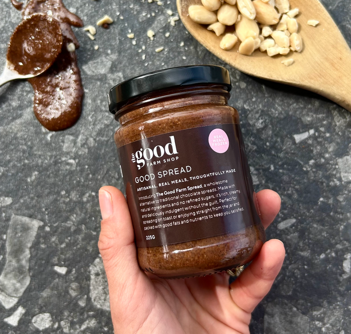 Chocolate cashew spread by The Good Farm Shop with whole cashews and rich cocoa texture