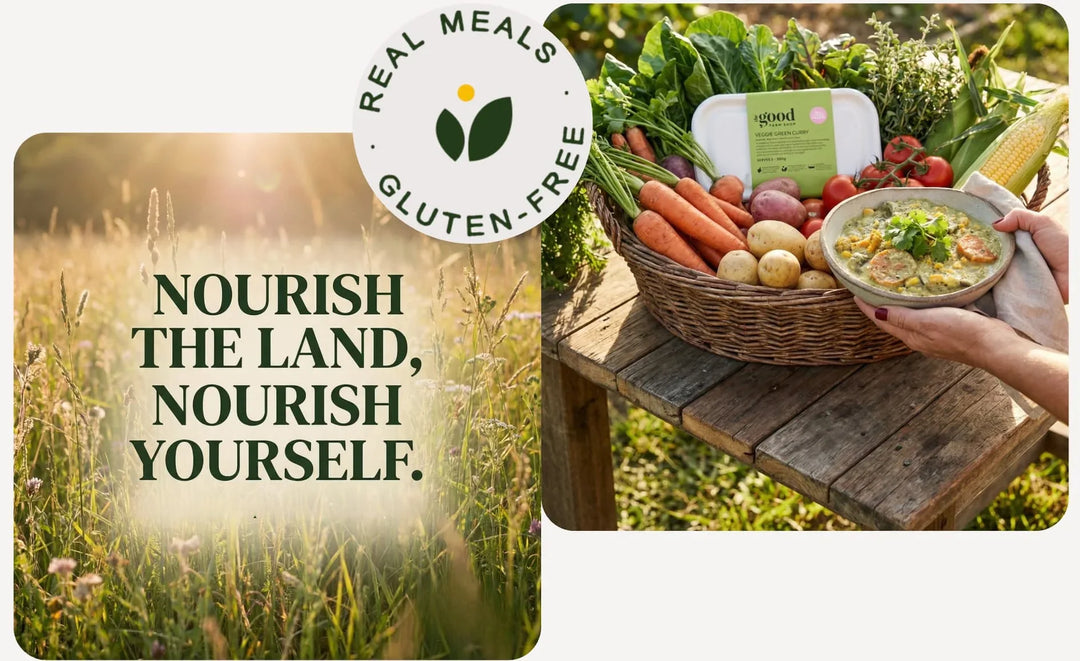 Bowl of vegetable curry held above a basket of freshly farmed produce resting on a wooden table, with a 'Real Meals Gluten-Free' label and 'Nourish the Land, Nourish Yourself' text.