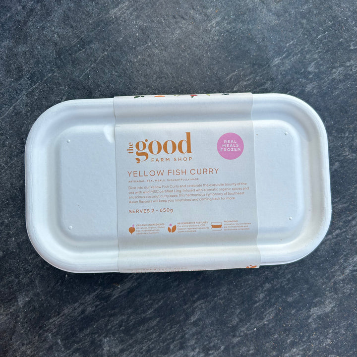 Yellow fish curry frozen meal by The Good Farm Shop in eco-friendly tray